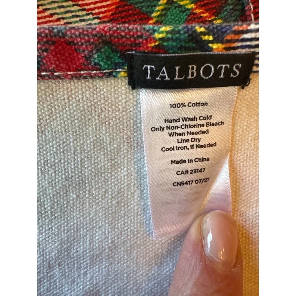 Talbots Adjustable Apron Red‎ Green Plaid 100% Cotton Kitchen Cooking Baking